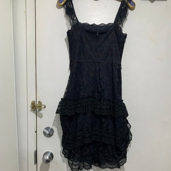 VINTAGE NU-MODE SLIM FIT SLEEVELESS RUFFLE LACE LITTLE BLACK DRESS SIZE S - Picture 8 of 12